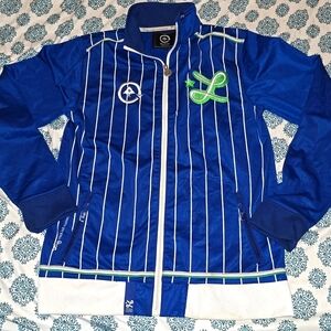 Men's Blue Striped Track Jacket with Green Accent